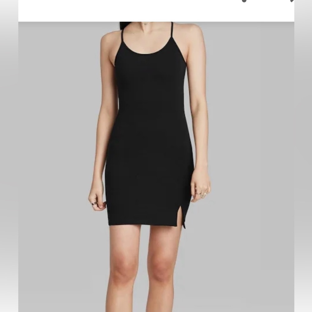 Women’s black bodycon knit dress.